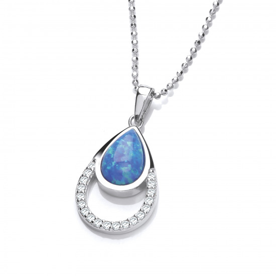 Cavendish French Silver, CZ and Blue Opalique Teardrop Pendant and Chain 6681