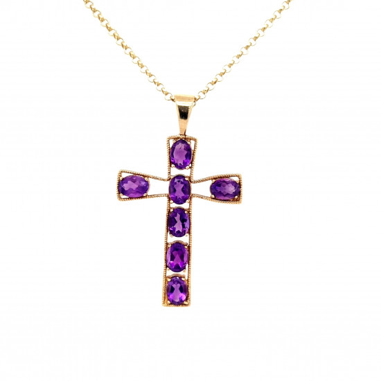 Pre Owned 9ct Amethyst Cross with Chain ZL91 Pre Owned 9ct Amethyst Cross with Chain ZL91
