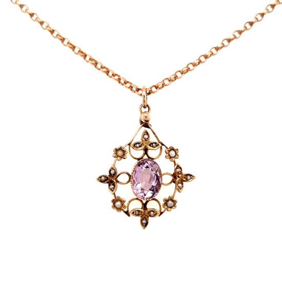 Pre Owned 9ct Amethyst and Seed pearl Pendant and Chain ZL384 Pre Owned 9ct Amethyst and Seed pearl Pendant and Chain ZL384